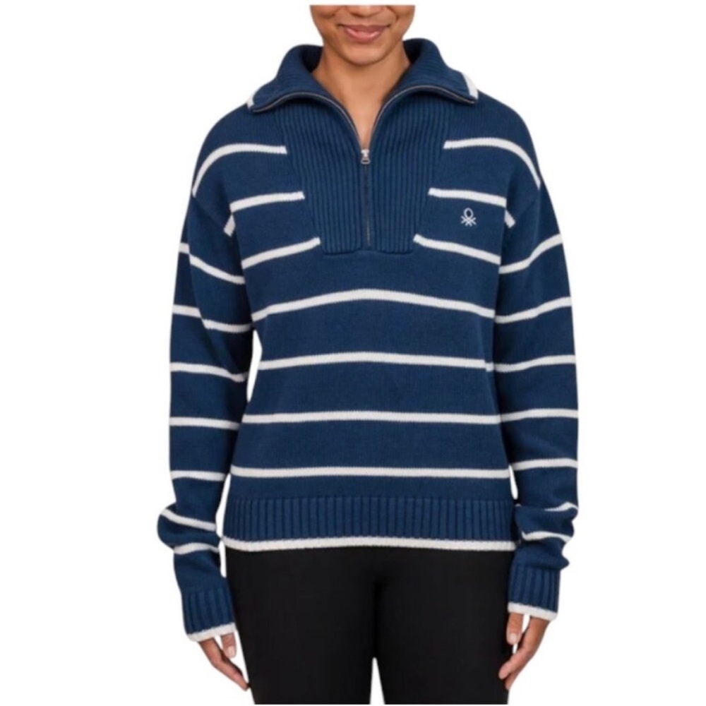 United Colors of Benetton Navy Stripe Fisherman Nautical 1/4 Zip Cotton Sweater
